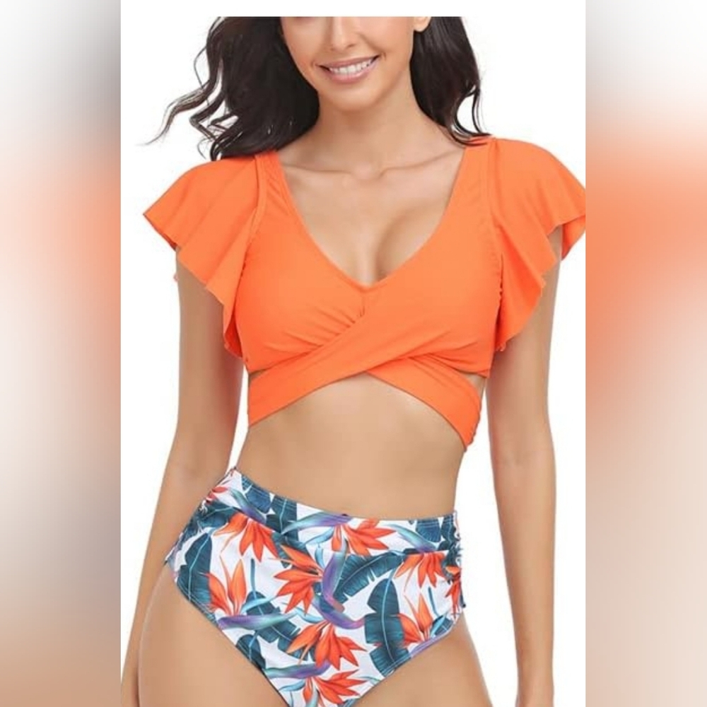 Orange Ruffle Sleeve Wrap Top Bikini & Muli Collor Bottoms
